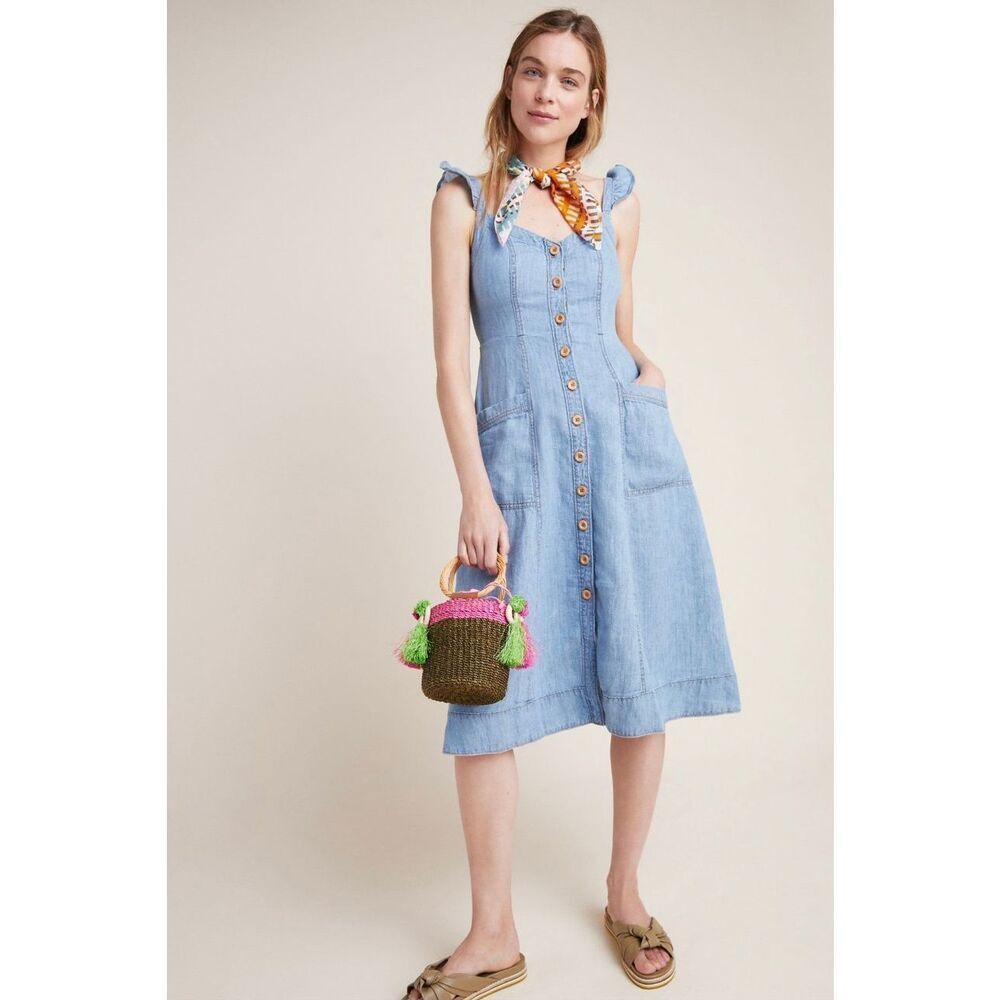 Pilcro Rostand Button-Front Midi Dress in Vintage Medium Denim Size 14